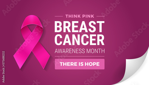 Breast cancer awareness month in October. Realistic pink ribbon symbol, dark pink color vector background