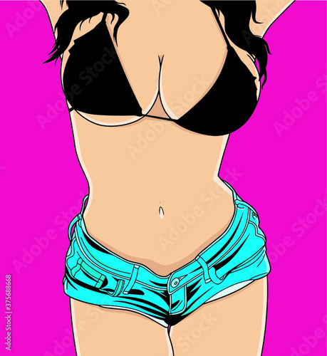 Illustration of a beautiful slim nude woman in a full length wearing short jean pants. Vector.