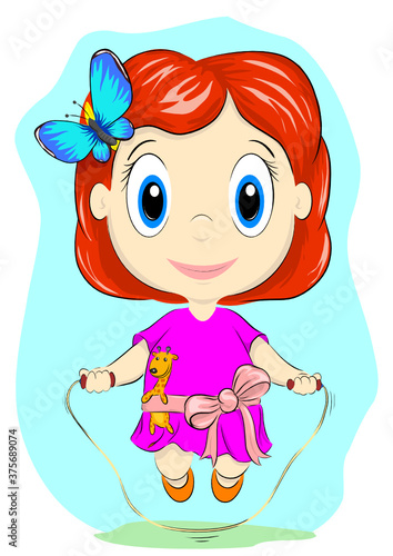 Little girl with a skipping rope little girl with red hair jumps over a skipping rope behind a pink ribbon has a plush giraffe and a butterfly in her hair