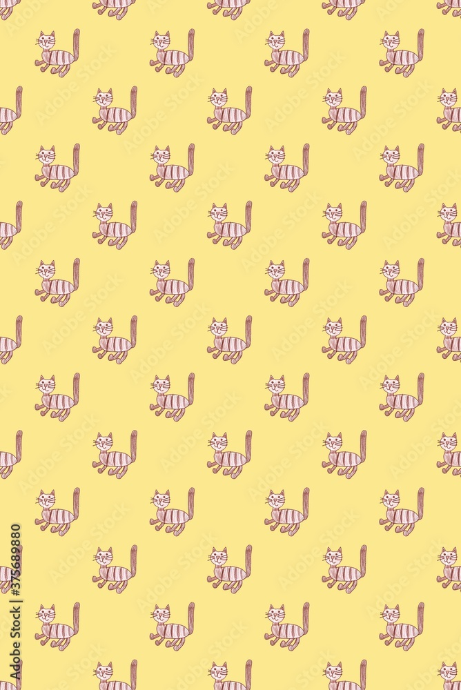 Vertical pattern of striped brown cats with proudly raised tail on a yellow background. Positive. Vertical pattern of striped brown cats with proudly raised tail on a yellow background. Positive.