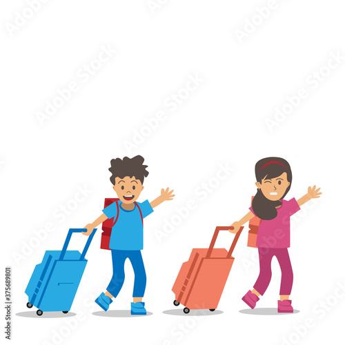 Happy cute boy and girl pull bag go travel design illustration