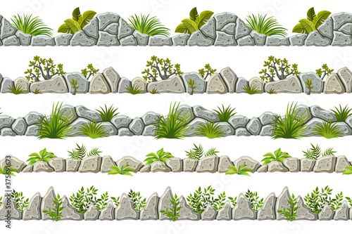 Set of seamless old gray border with grass, leaves and moss. Vector stone sidewalks for computer games isolated on white background.