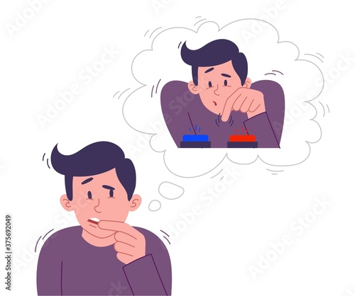 Young man with a dilemma unable to make a decision as he dithers over which button to press, a red one or blue,, colored vector illustration