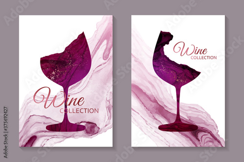 Modern abstract card templates for wine tasting invitation or poster or banner or presentation with red glasses in alcohol ink style on a white background with pink wave.