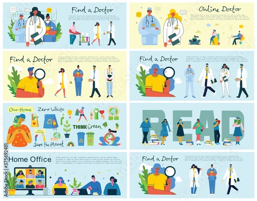 Home office, read books, Save the planet and Find a doctor concept illustration in flat and clean design.