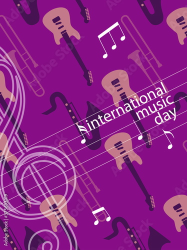 The inscription  international day of music  on the background of a guitar saxophone and a vinyl record on a bright trend purple background. Perfect for banners  postcards  and invitations. EPS10
