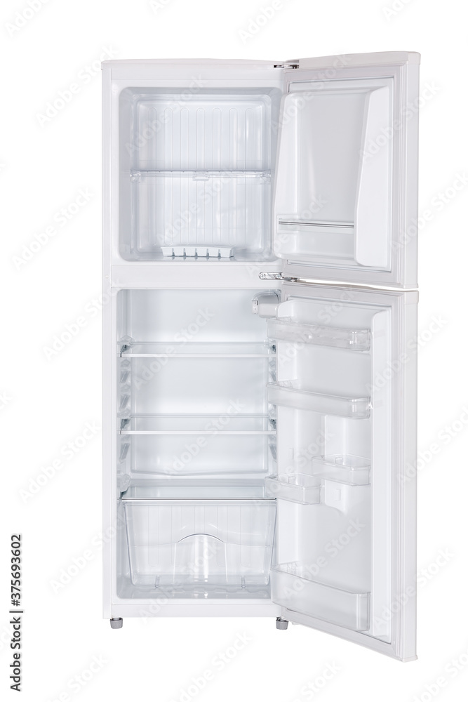 Open an empty mini fridge Refrigerator Isolated on White Background. Modern Kitchen and Domestic Major Appliances. Open an empty mini fridge Refrigerator Isolated on White Background. Modern Kitchen and Domestic Major Appliances.