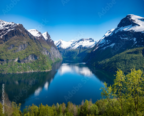 Beautiful view of Norwegian fjord opening  leading to Geiranger