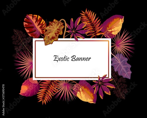 Yellow tropical leaves frame on black background. Exotic nature theme vector banner. Autumn sales concept. White text place in the center with sign Exotic Banner.