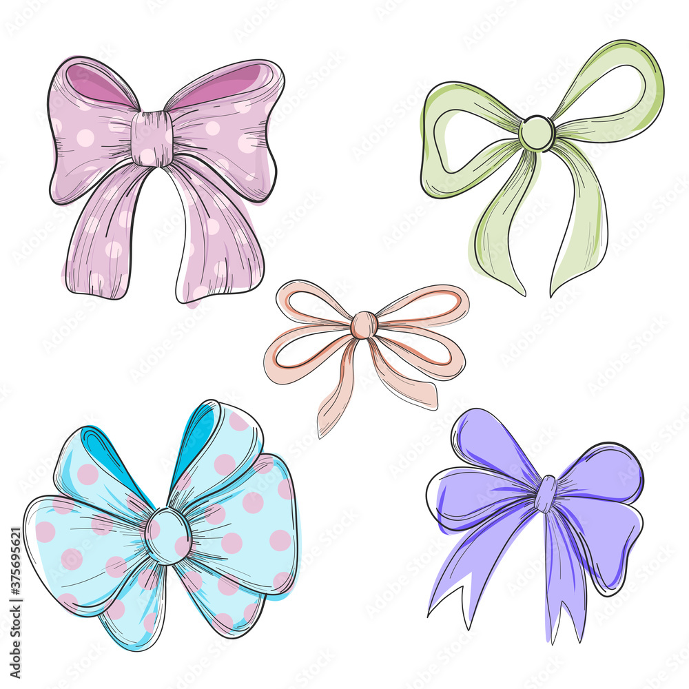 Collection of hand drawn vector bows and ribbons. Vector illustration. Cute  freehand colored bow doodle, Black outline girl hair accessories and bow  tie sketch, Hand drawn fashion elements Stock Vector