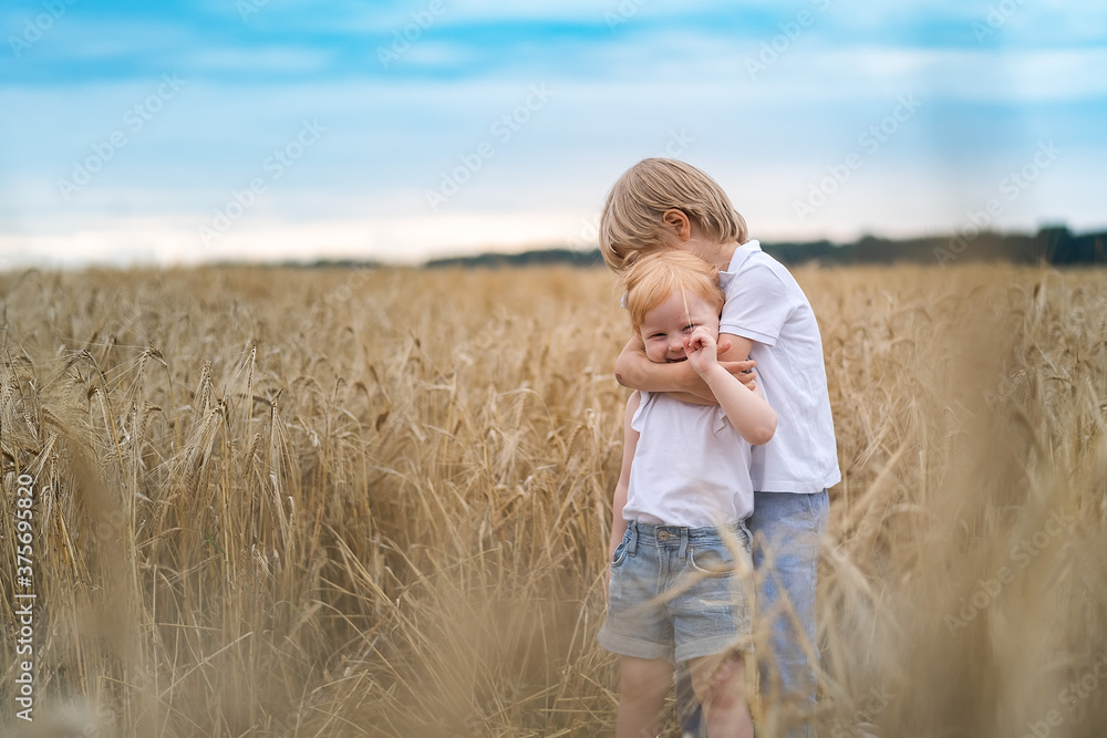 Little girl and boy playing and laughing in the field of grain Little girl and boy playing and laughing in the field of grain