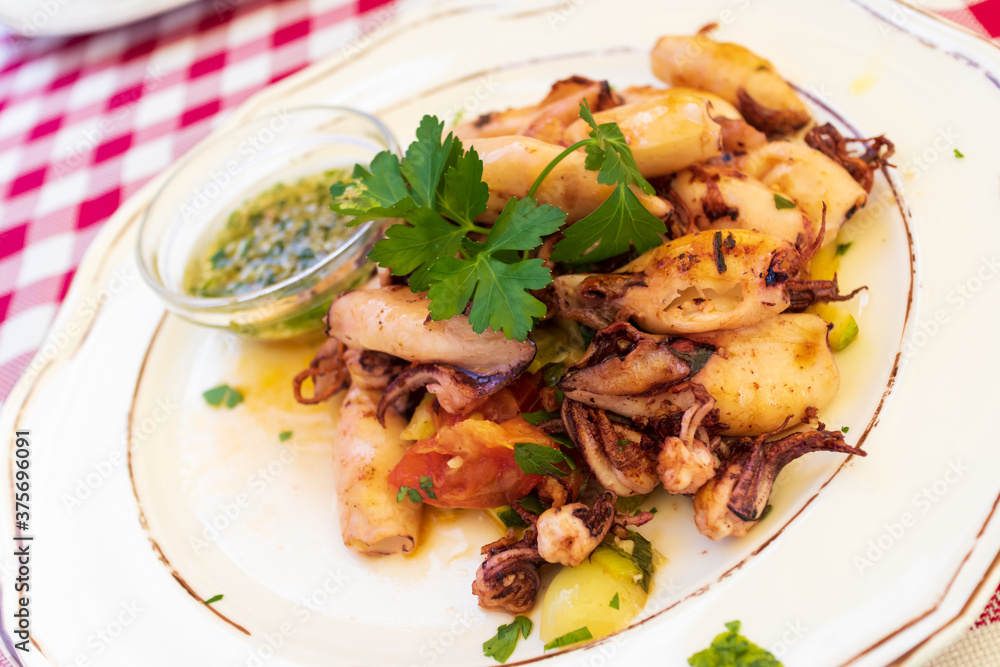 Delicious grilled squids with vegetables on plate Delicious grilled squids with vegetables on plate