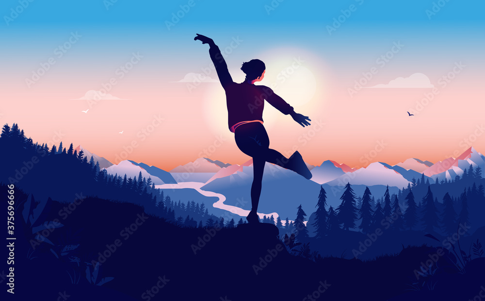 Carefree woman dancing in sunrise enjoying freedom. Happy in nature concept. Vector illustration.