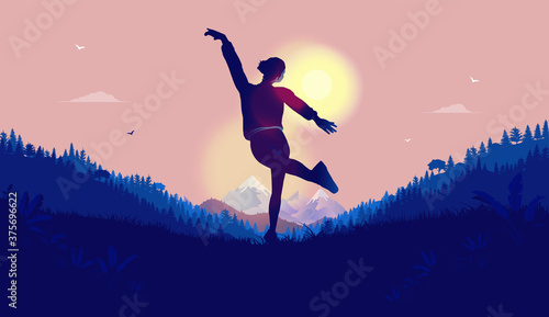 Woman freedom - Female dancing in nature enjoying total freedom and happiness. Happy, contempt, luck and satisfaction concept. Vector illustration.