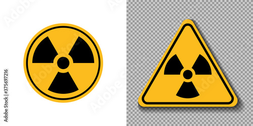 Radiation Hazard sign, symbol, icon, logo. Circle and triangle yellow sign of radioactive threat alert on white and trasparent background. Vector illustration