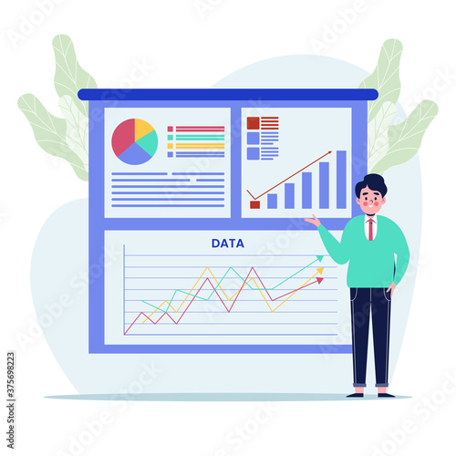 Businessman presentation screen board explaining charts. Flat design vector illustration