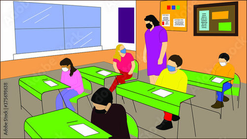 Niños en su aula, aprendiendo de su maestro, con todos los estándares de bio seguridad, respetando el aislamiento
