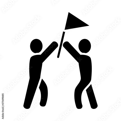 pictogram two men holding up a flag, silhouette style