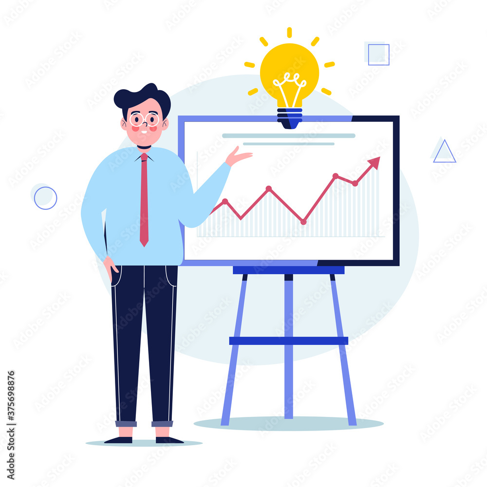 Man standing near flip chart and pointing graph. Flat design vector illustration Man standing near flip chart and pointing graph. Flat design vector illustration