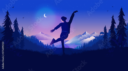 Woman dancing in nature at night - Female person jumping happily in forest with view to mountains and moon in sky. Happy girl, enjoying nature, and staying up at night concept. Vector illustration.