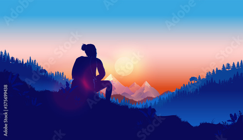 Thoughtful woman - Female person sitting outdoors thinking, reflecting and contemplating about her life and future. Solitude, melancholy and lost in thoughts concept. Vector illustration.