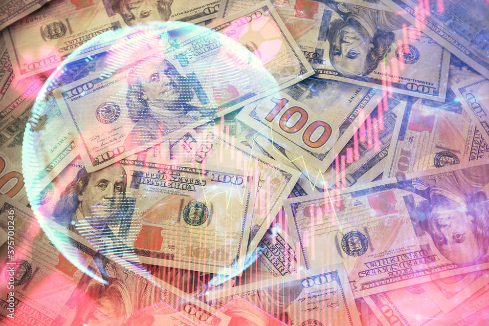 Multi exposure of business theme drawing over us dollars bill background. Concept of financial success. Multi exposure of business theme drawing over us dollars bill background. Concept of financial success.