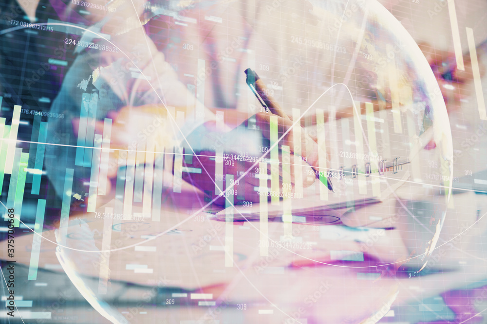 Double exposure of business theme drawing over people taking notes background. Concept of financial world Double exposure of business theme drawing over people taking notes background. Concept of financial world