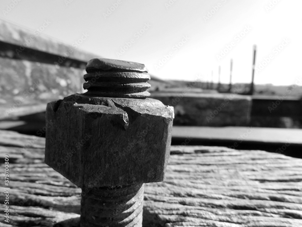 Naklejka premium nut on train tracks - black and white