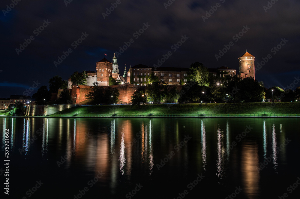 Ilumination of Wawel Castle at night, Cracow, Poland