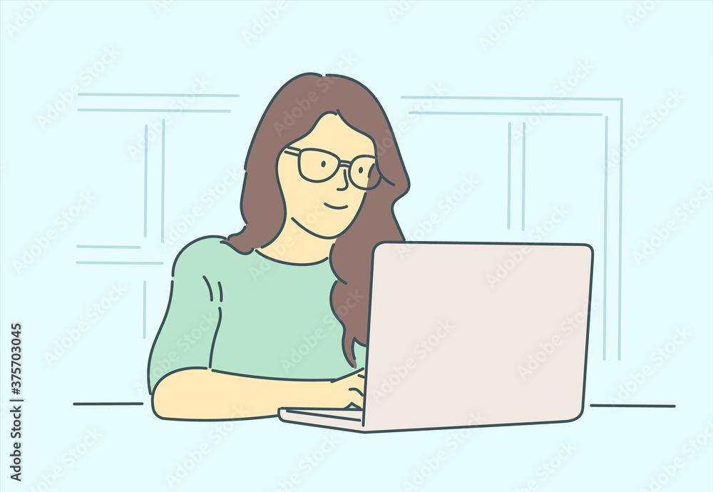 Business, woman manager in office concept. Young happy smiling businesswoman clerk cartoon character sitting at work table with laptop. Company leader boss.