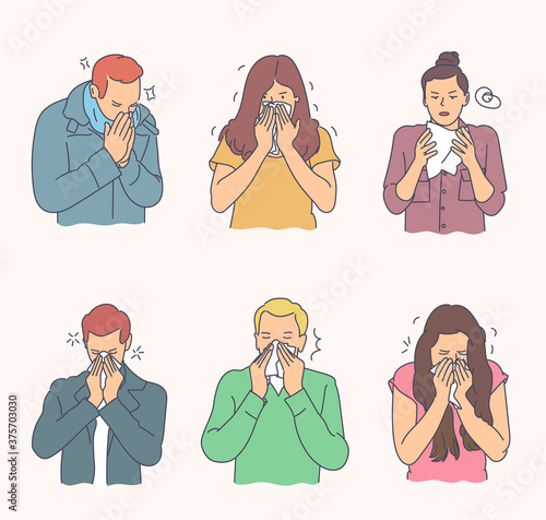 Coronavirus concept. People with viral desease set concept. Group of young men and women has serious viral deseases. Allergic boys and girls cough and sneeze using handkerchief and nose drops.