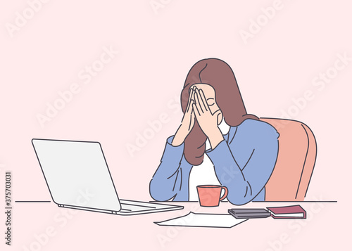 Feeling tired and stressed. Frustrated young woman keeping eyes closed and tired sitting at her working place in office. Hand drawn style vector design illustrations.