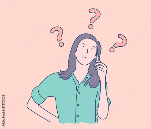 Question, brainstorm, thinking concept of dream young nice pretty cute woman or girl, indecisive lady thought choose decide dilemmas solve problems finding new ideas. Simple flat vector.