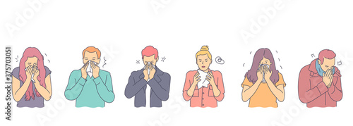 Coronavirus concept. People with viral desease set concept. Group of young men and women has serious viral deseases. Allergic boys and girls cough and sneeze using handkerchief and nose drops.