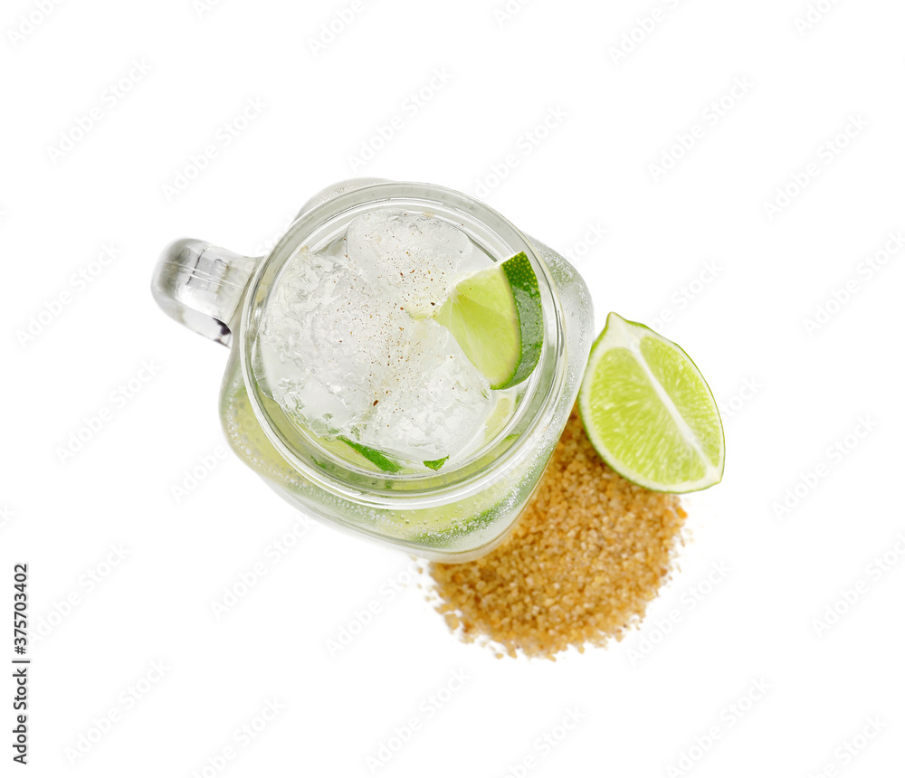 Mason jar of fresh mojito on white background, top view Mason jar of fresh mojito on white background, top view