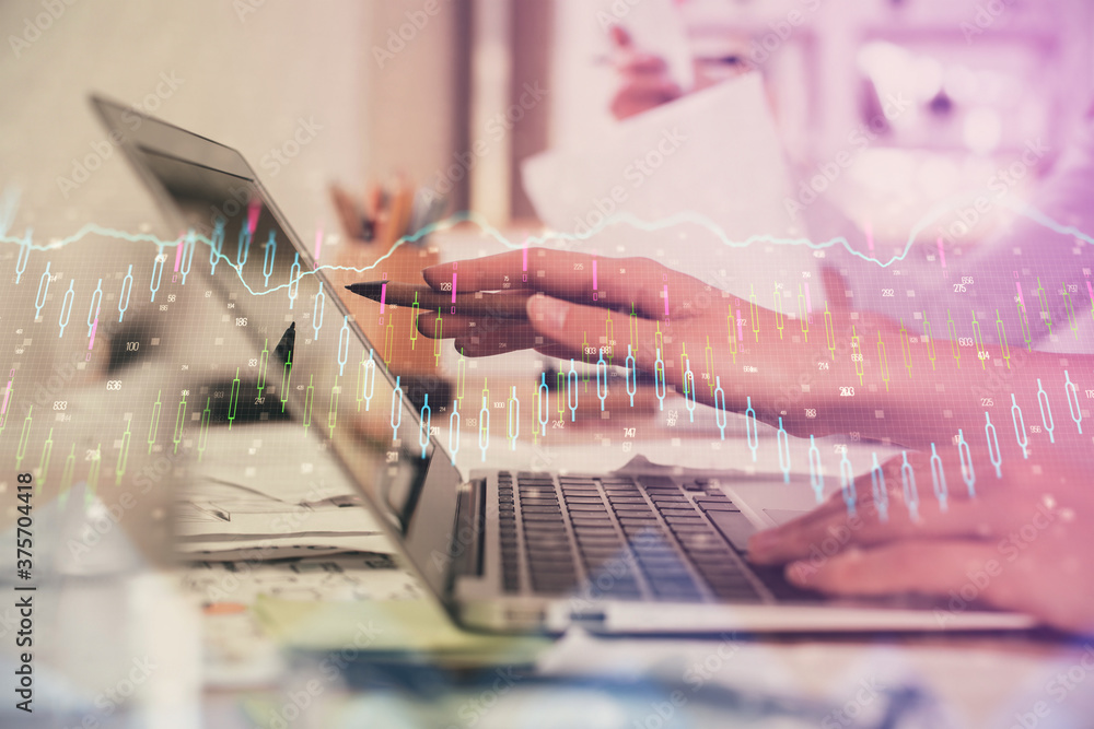 Multi exposure of woman hands typing on computer and financial graph hologram drawing. Stock market analysis concept. Multi exposure of woman hands typing on computer and financial graph hologram drawing. Stock market analysis concept.