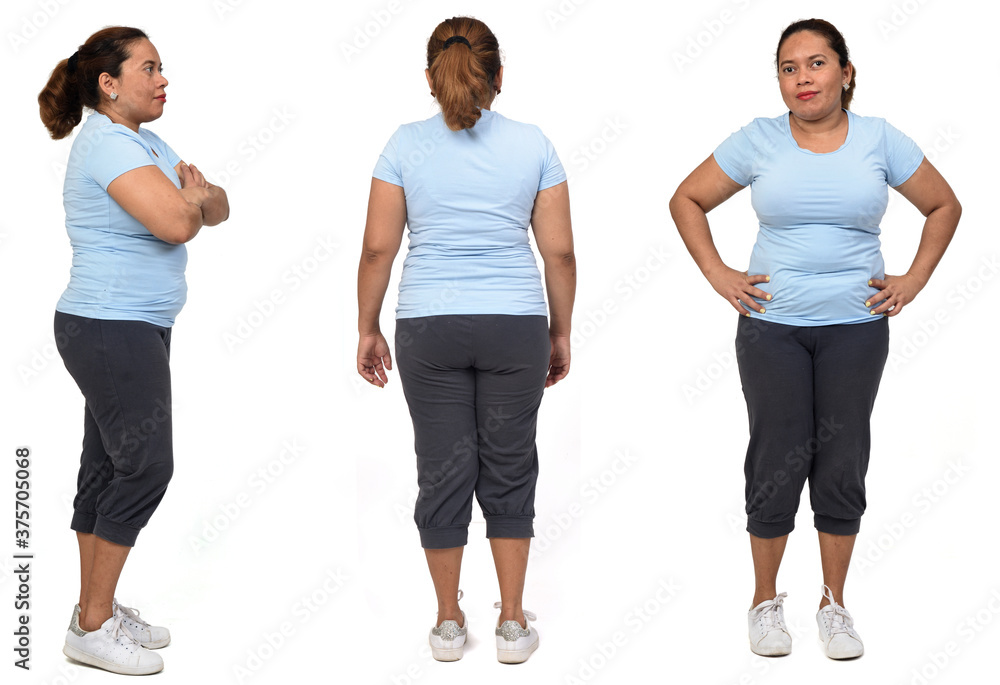 same woman with sportswear on white background, front and back and side view same woman with sportswear on white background, front and back and side view