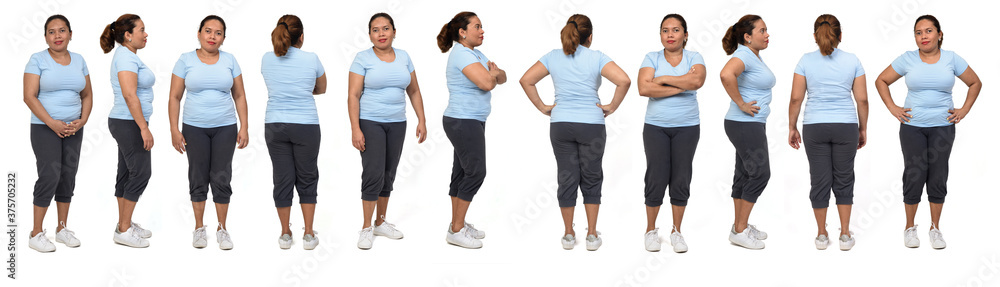 large group of same woman with sportswear on white background, back,side and rear view large group of same woman with sportswear on white background, back,side and rear view