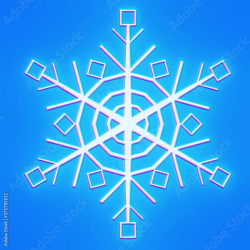 3d render of beautiful bright glowing snowflake on clean blue background, design element for your ad, poster, banner