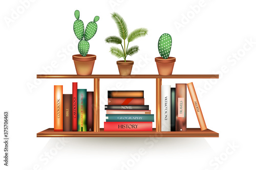 Mockup of  bookshelf with  bookson white background.Brown shelves template.Vector illustration.