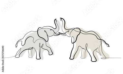 Two Elephants fighting. One line art drawing