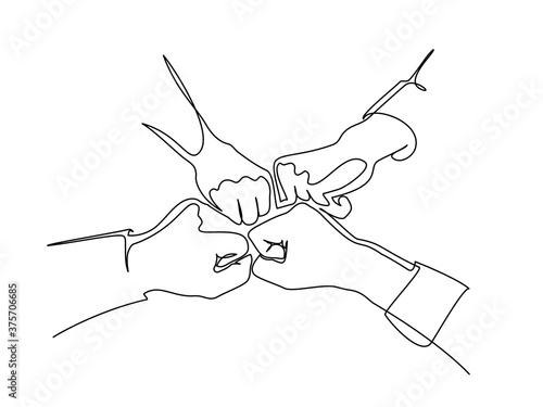 continuous line drawing of hands of team bumping fists together