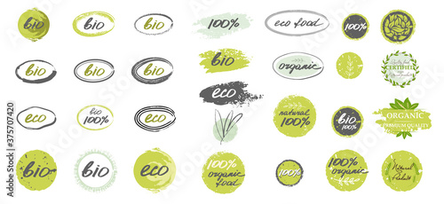 Organic healthy food labels. Natural healthy meal fresh diet products logo stickers.  Bundle of hand drawn labels or tags. Vegetarian eco products lettering handwritten. Creative vector illustration.