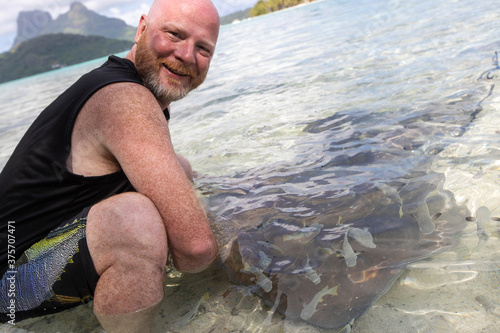 Smiling man feeding large stingray in shallow Bora Bora tropical island water