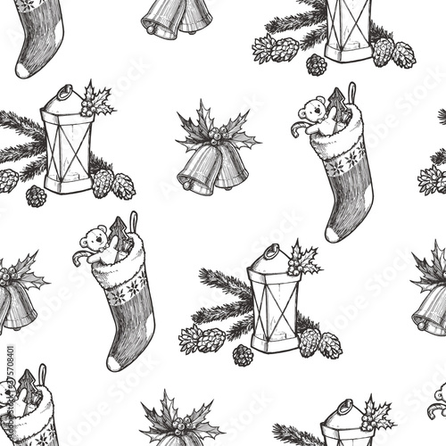 Vector vintage seamless pattern with Christmas symbols isolated on white background. Hand drawn texture with present in sock, lantern with fir branches and bells. Happy New Year sketch illustration.