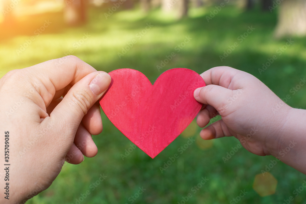 a woman's hand and a child's hand hold the edges of a red heart against a background of green foliage. The idea is love, family, loyalty. Horizontal photo, soft focus, close-up.