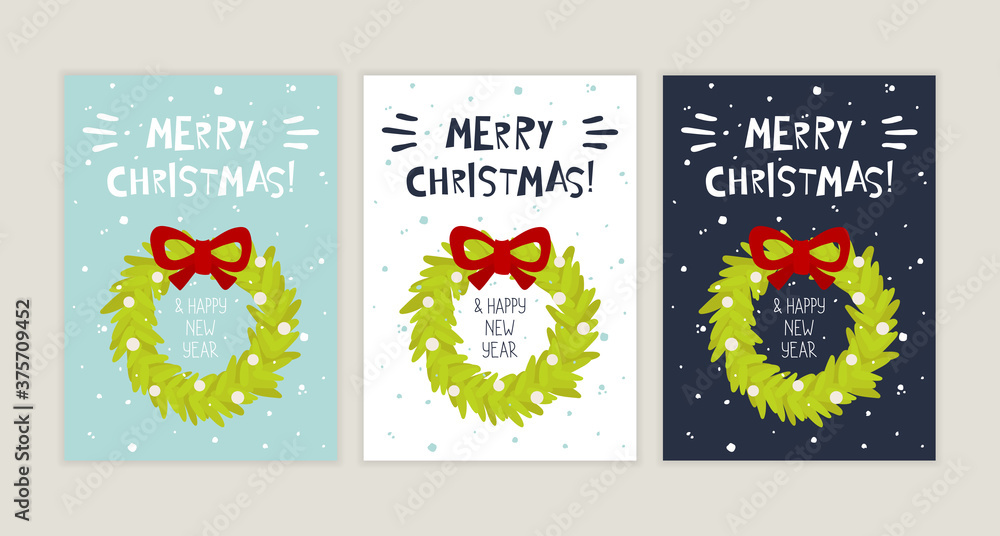 Merry Christmas and Happy New Year. Winter Holidays greeting cards with Christmas wreath Merry Christmas and Happy New Year. Winter Holidays greeting cards with Christmas wreath