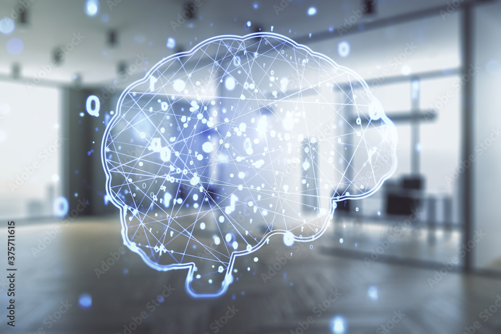Obraz premium Double exposure of creative artificial Intelligence interface on modern corporate office background. Neural networks and machine learning concept