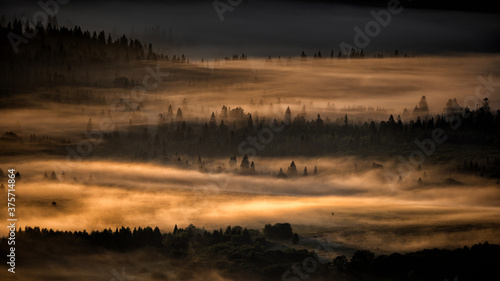 Sunrise over the mountain forest. Bieszczady National Park. Carpathian Mountains. Poland.