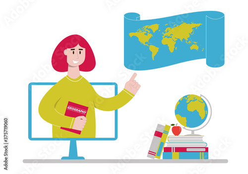 Online geography teacher with world map on computer monitor. Remote learning lesson or webinar. Distance education, homeschooling concept. Vector illustration in flat style